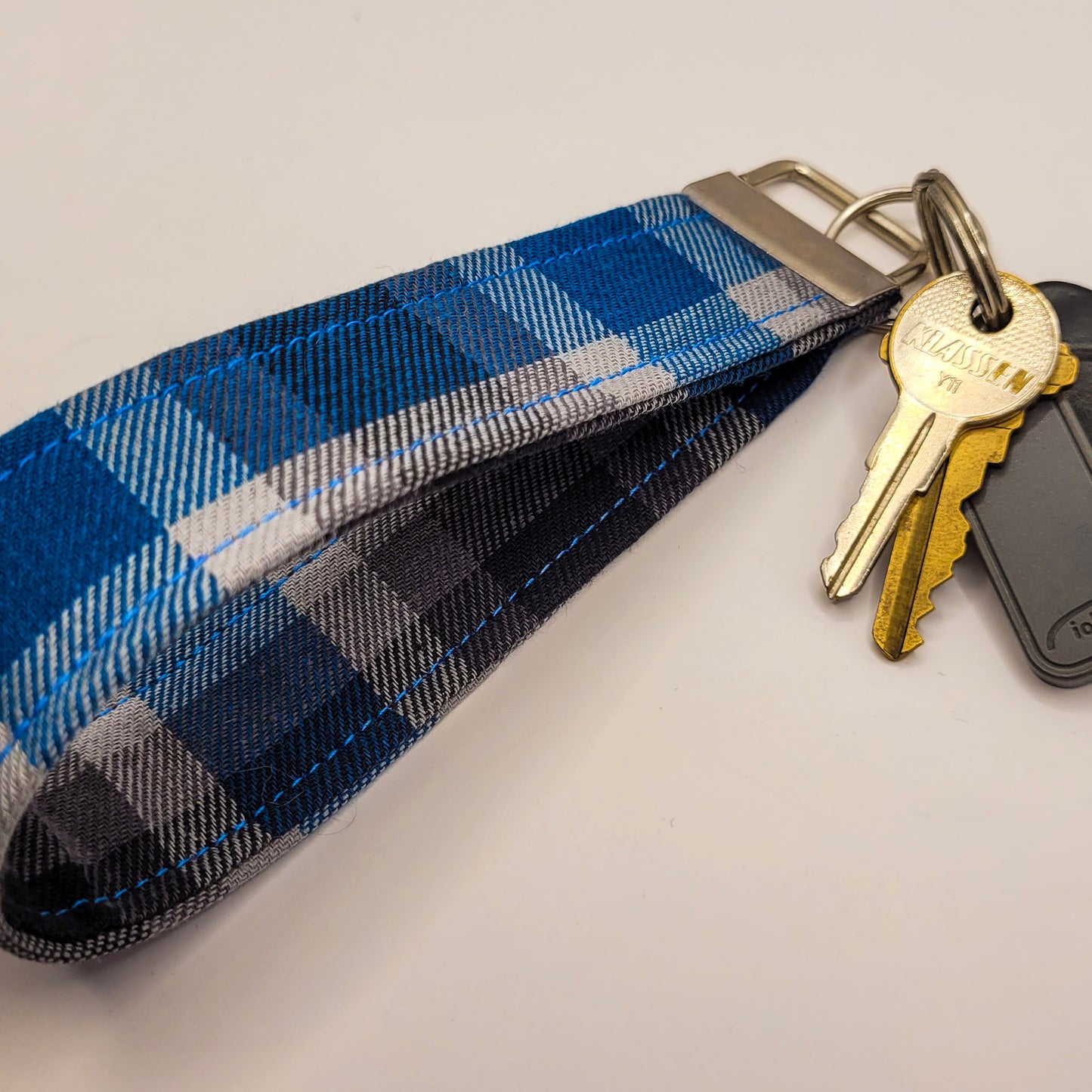 Blue & Grey Plaid Wristlet Key Strap