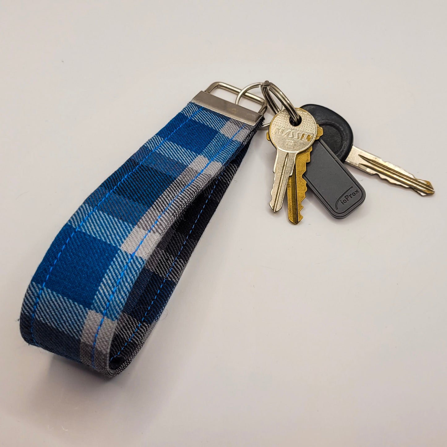 Blue & Grey Plaid Wristlet Key Strap