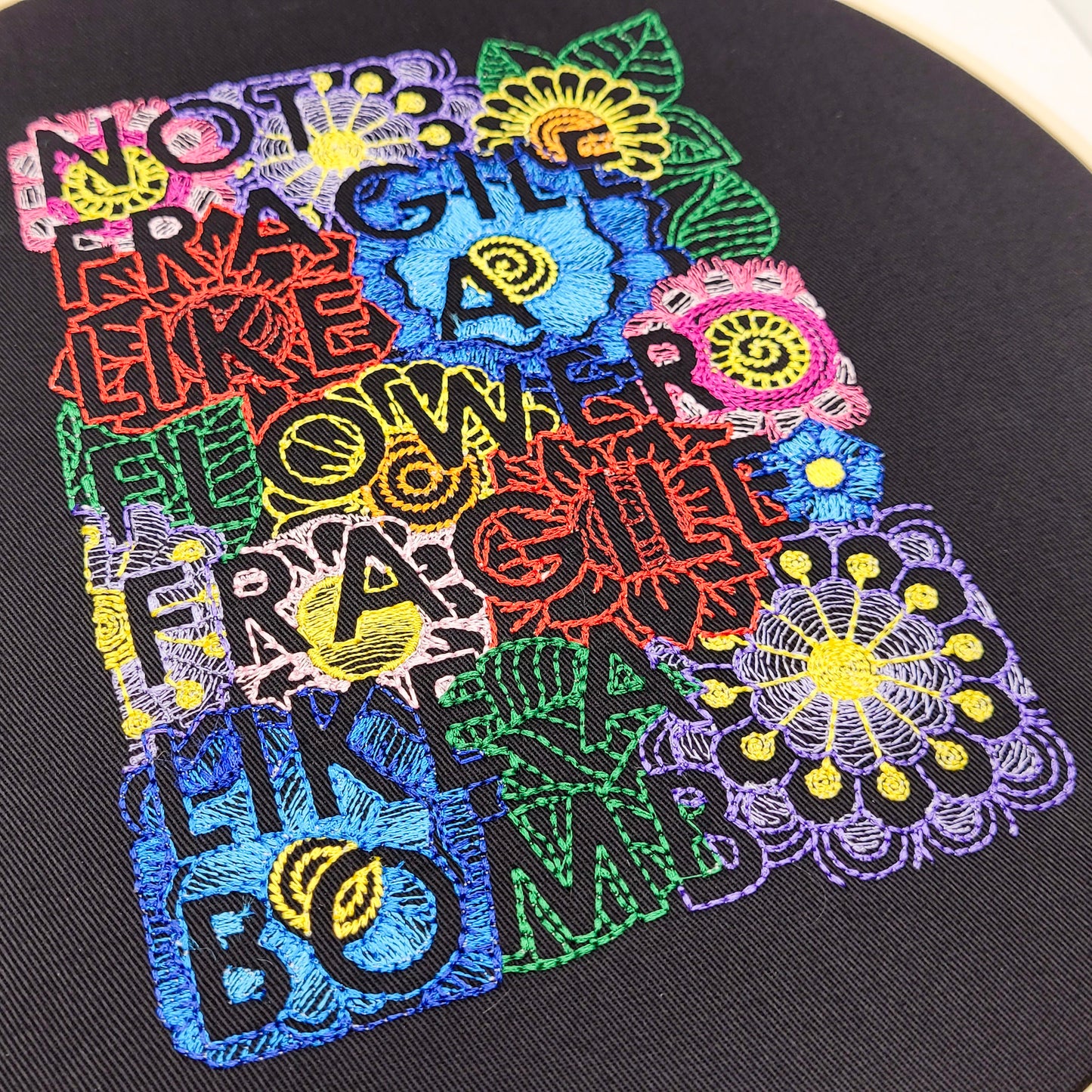 Not Fragile Like a Flower, Fragile Like a Bomb Embroidered Wall Hanging - 10" Hoop
