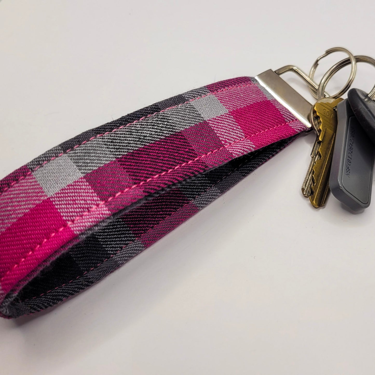 Pink & Grey Plaid Wristlet Key Strap