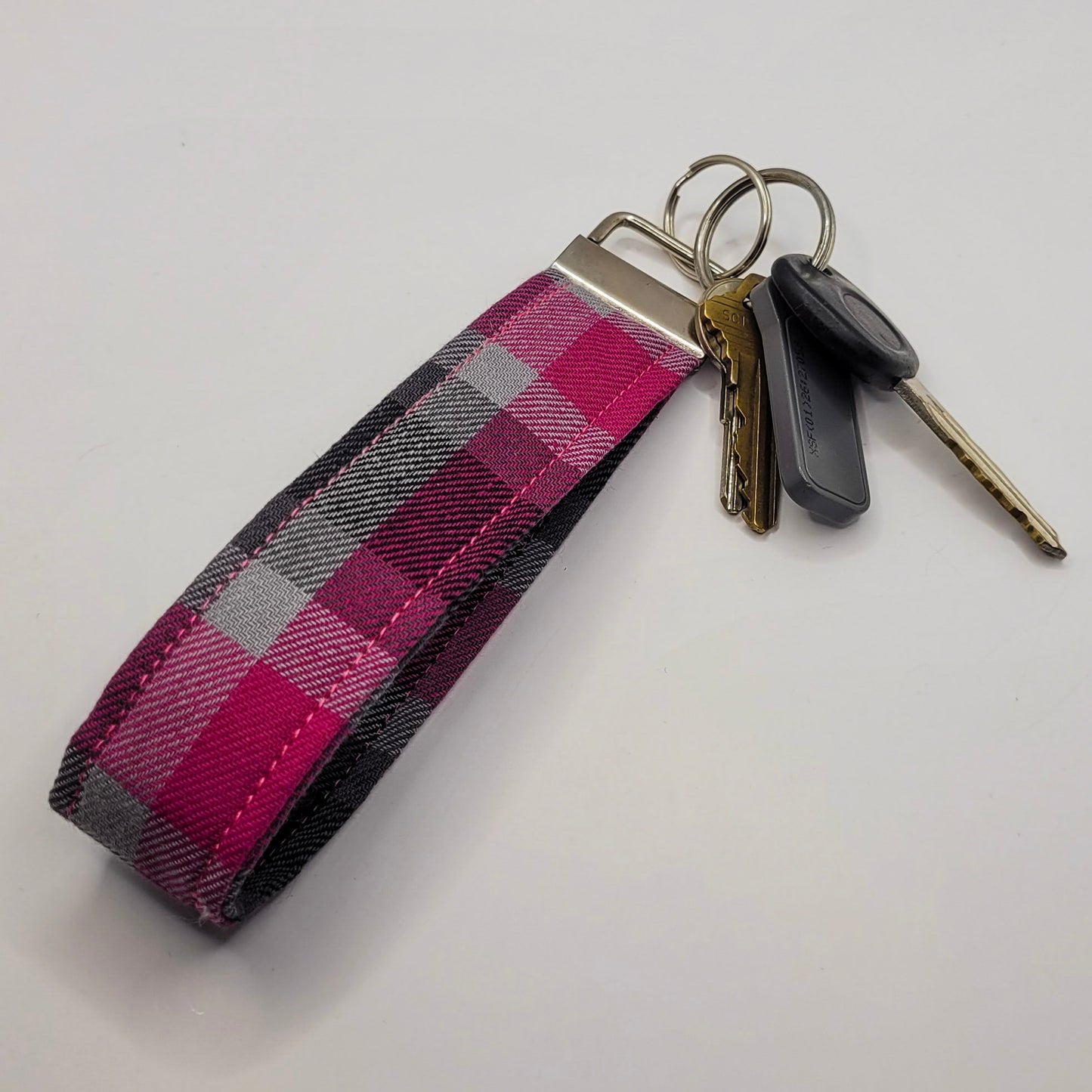 Pink & Grey Plaid Wristlet Key Strap