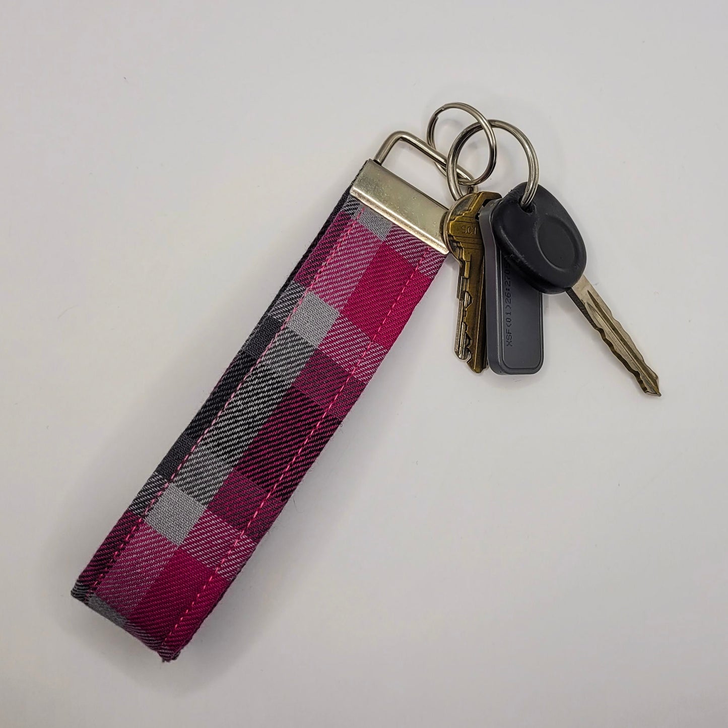 Pink & Grey Plaid Wristlet Key Strap