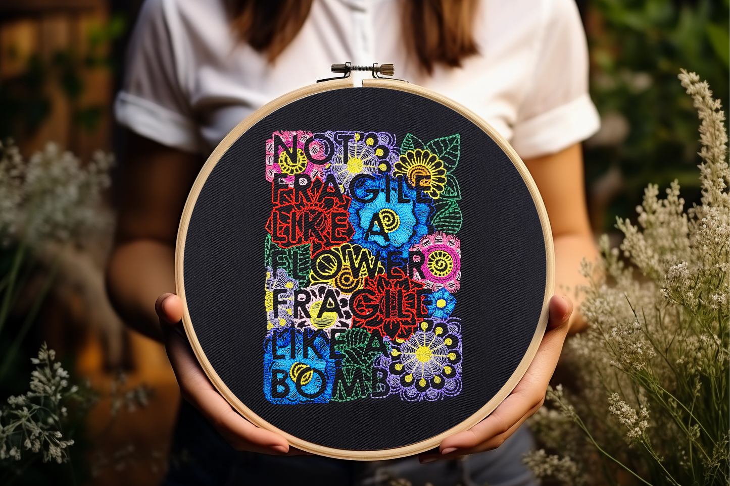 Not Fragile Like a Flower, Fragile Like a Bomb Embroidered Wall Hanging - 10" Hoop