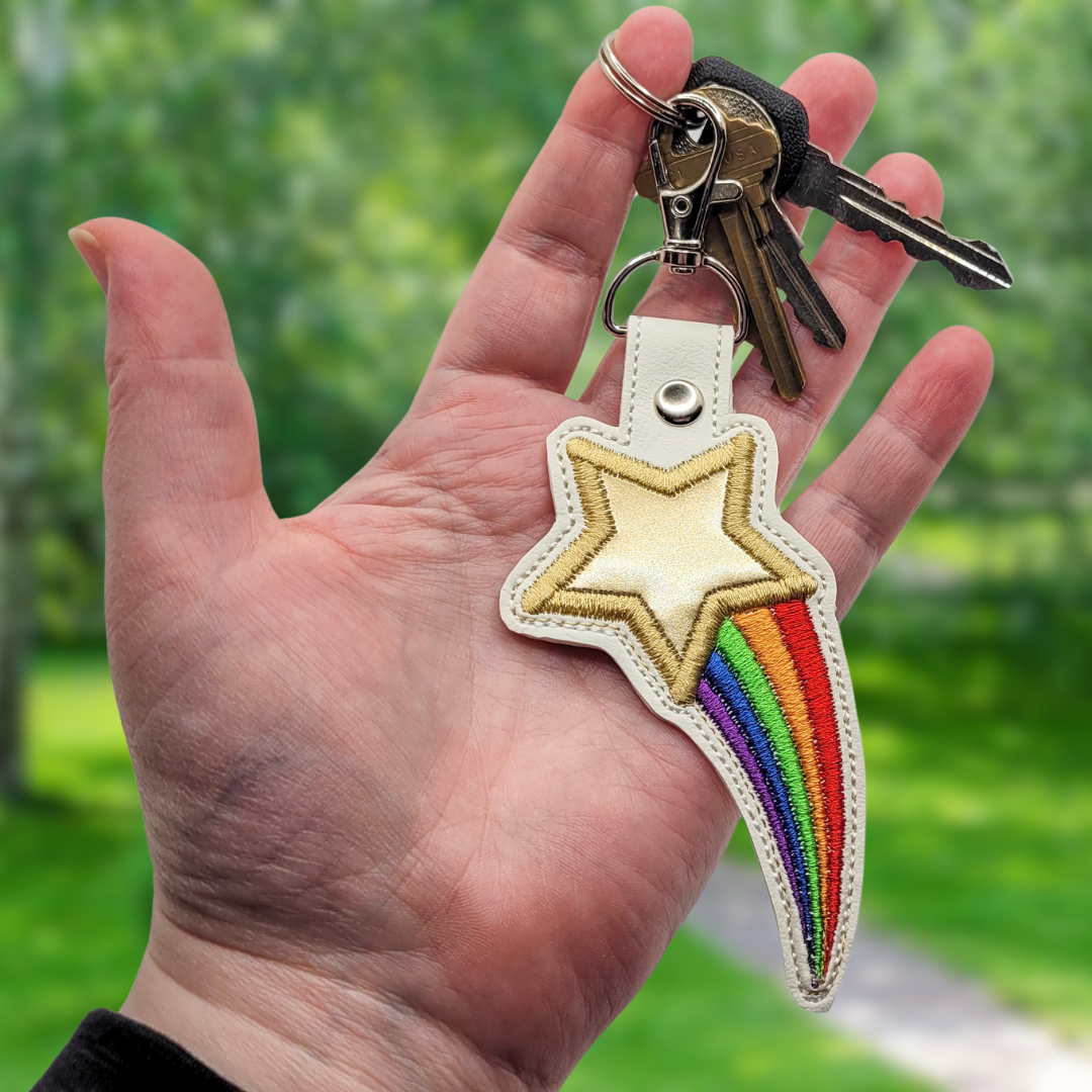 Rainbow Shooting Star Embroidered Vinyl Keychain