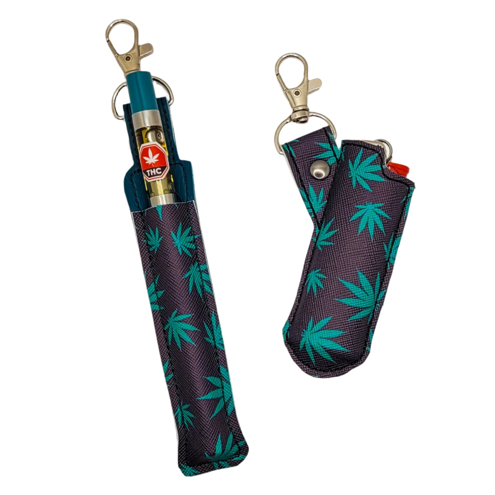 Two keychain pouches with cannabis leaf pattern on a marble surface