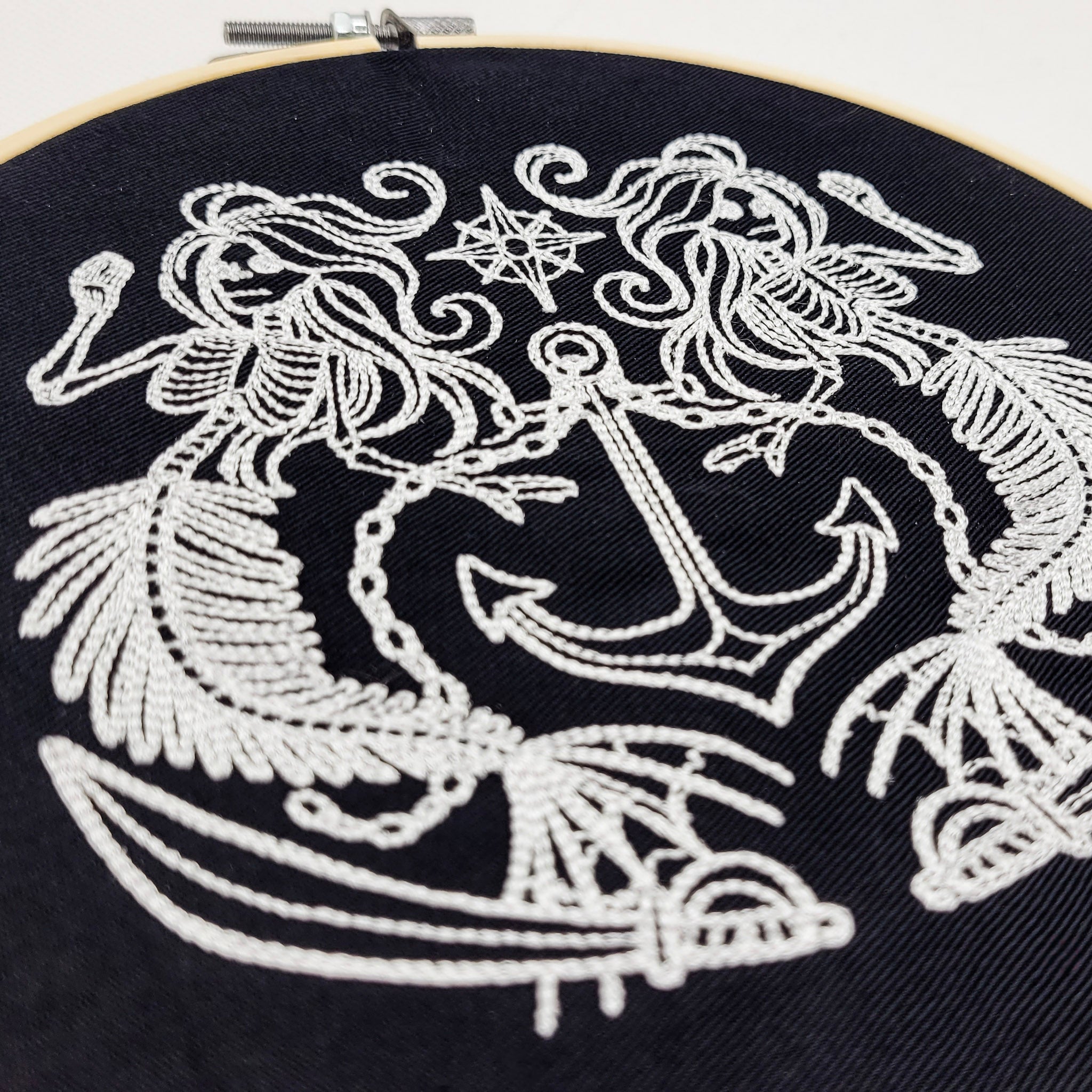 Skeletal Mermaids & Anchor Embroidered Wall Hanging - 7" Hoop