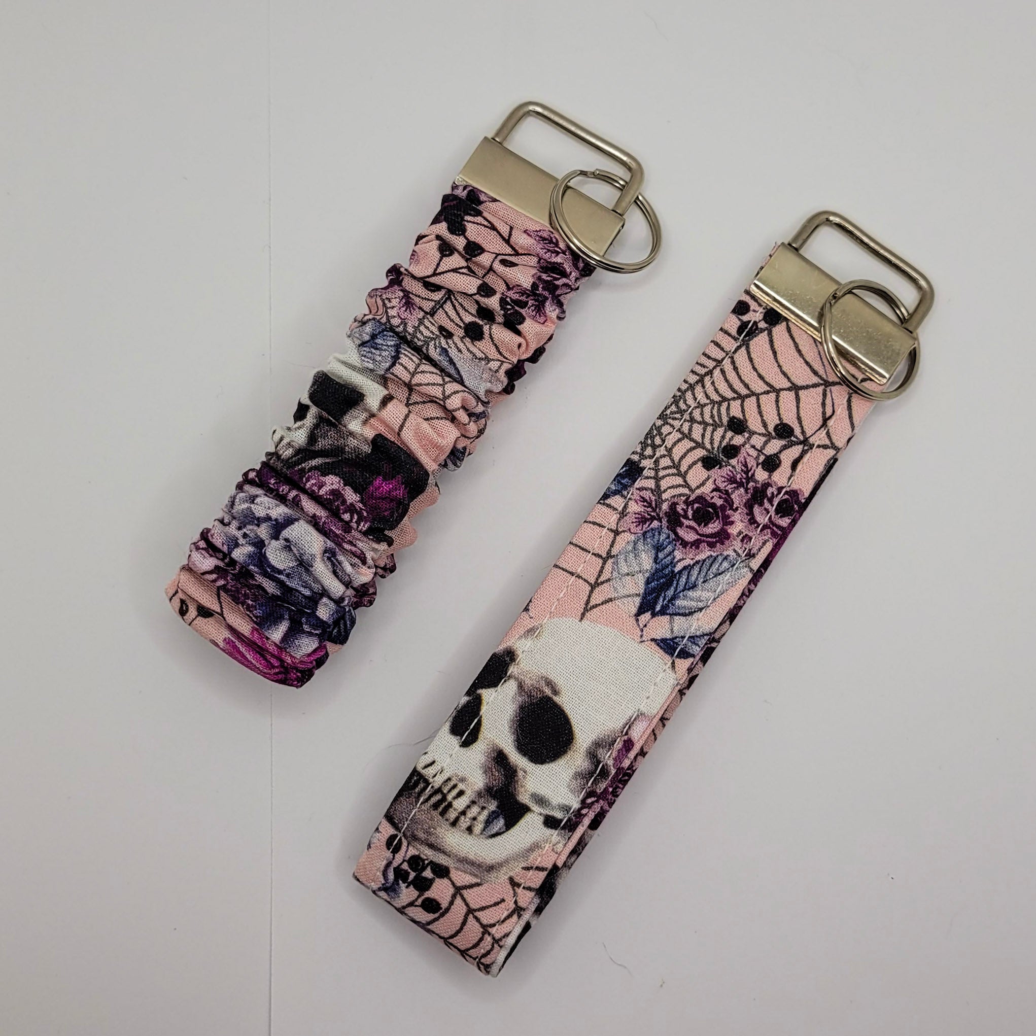 Pink Floral Skulls Scrunchie Wristlet Keychain