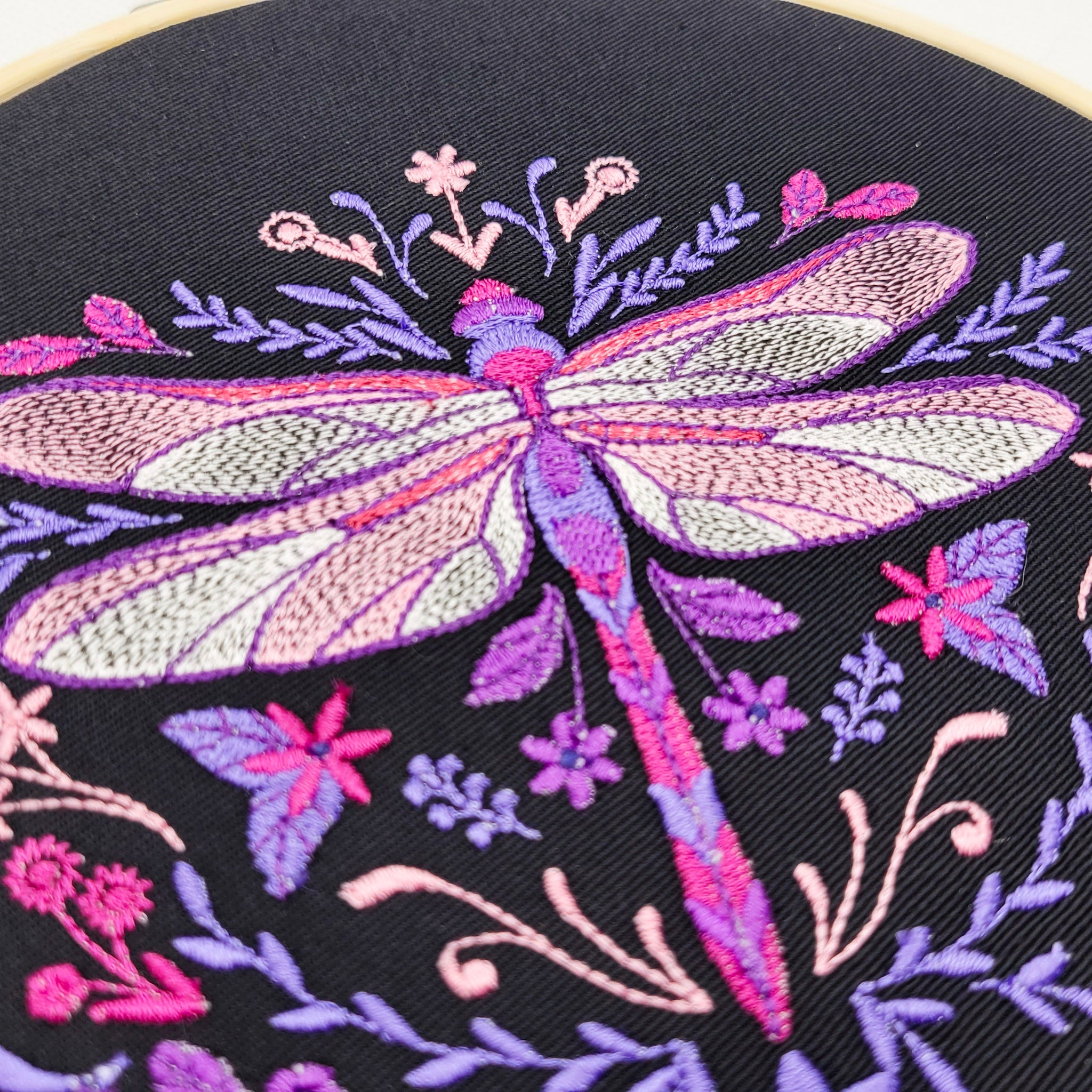 Pink Dragonfly Embroidered Wall Hanging - 7" Hoop