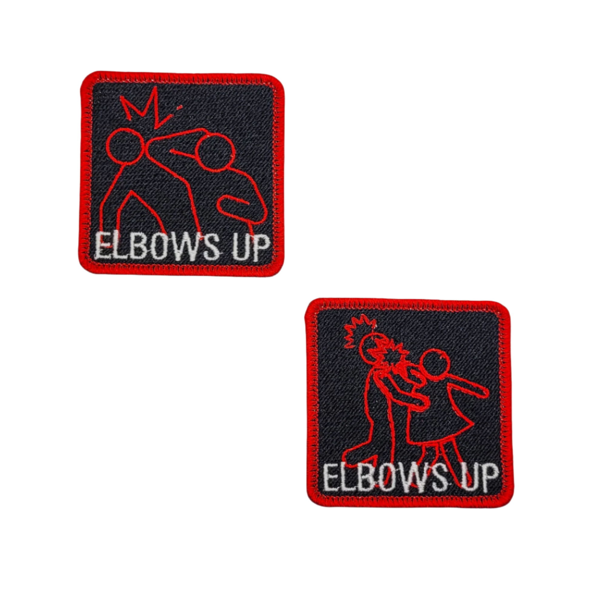 Two 'Elbows Up' patches with red outlines on a white background