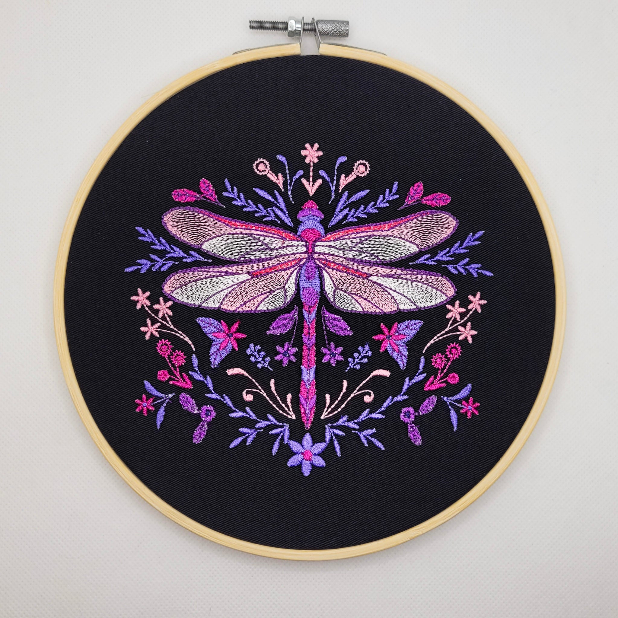 Pink Dragonfly Embroidered Wall Hanging - 7" Hoop