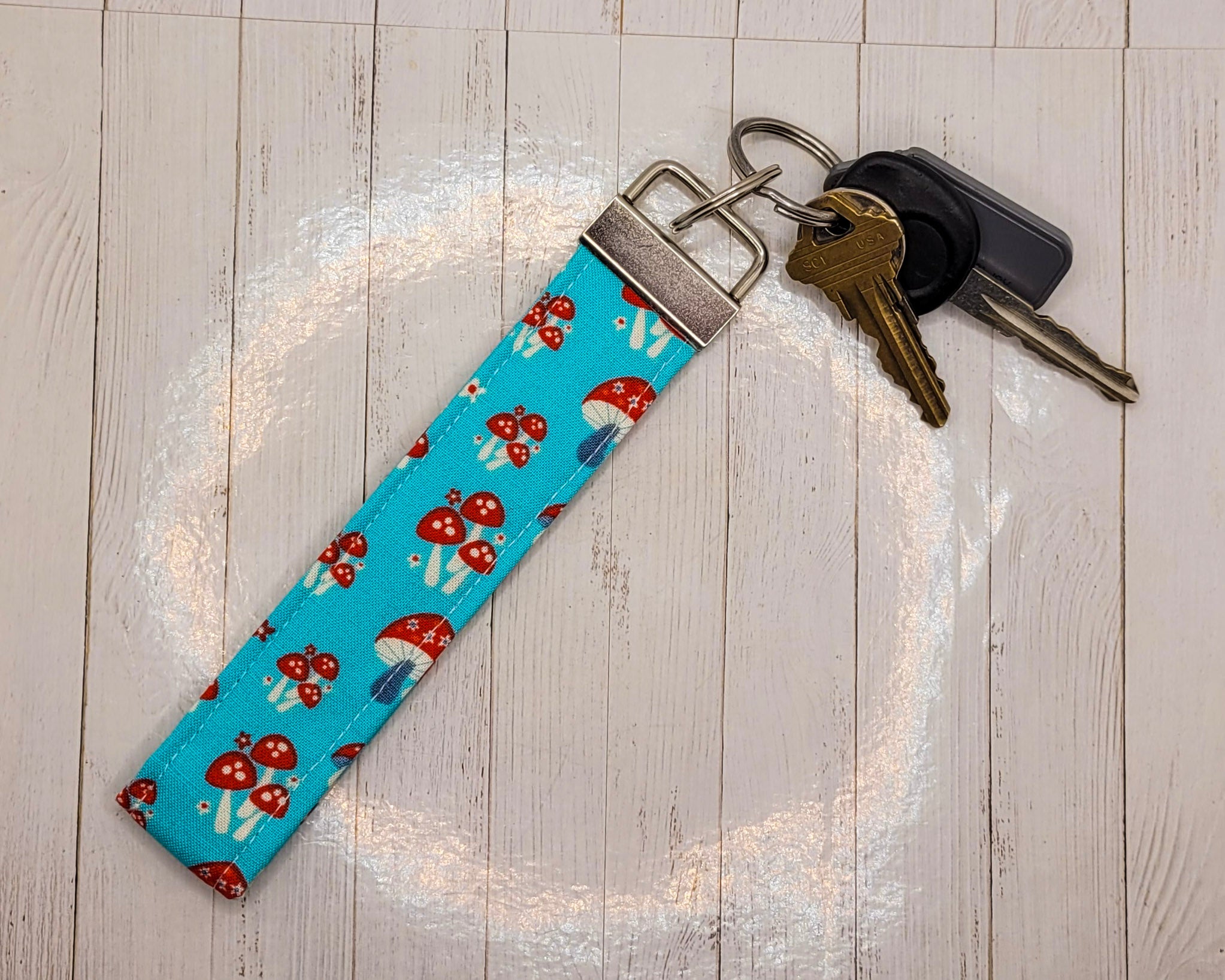 Blue Mushrooms Wristlet Key Strap