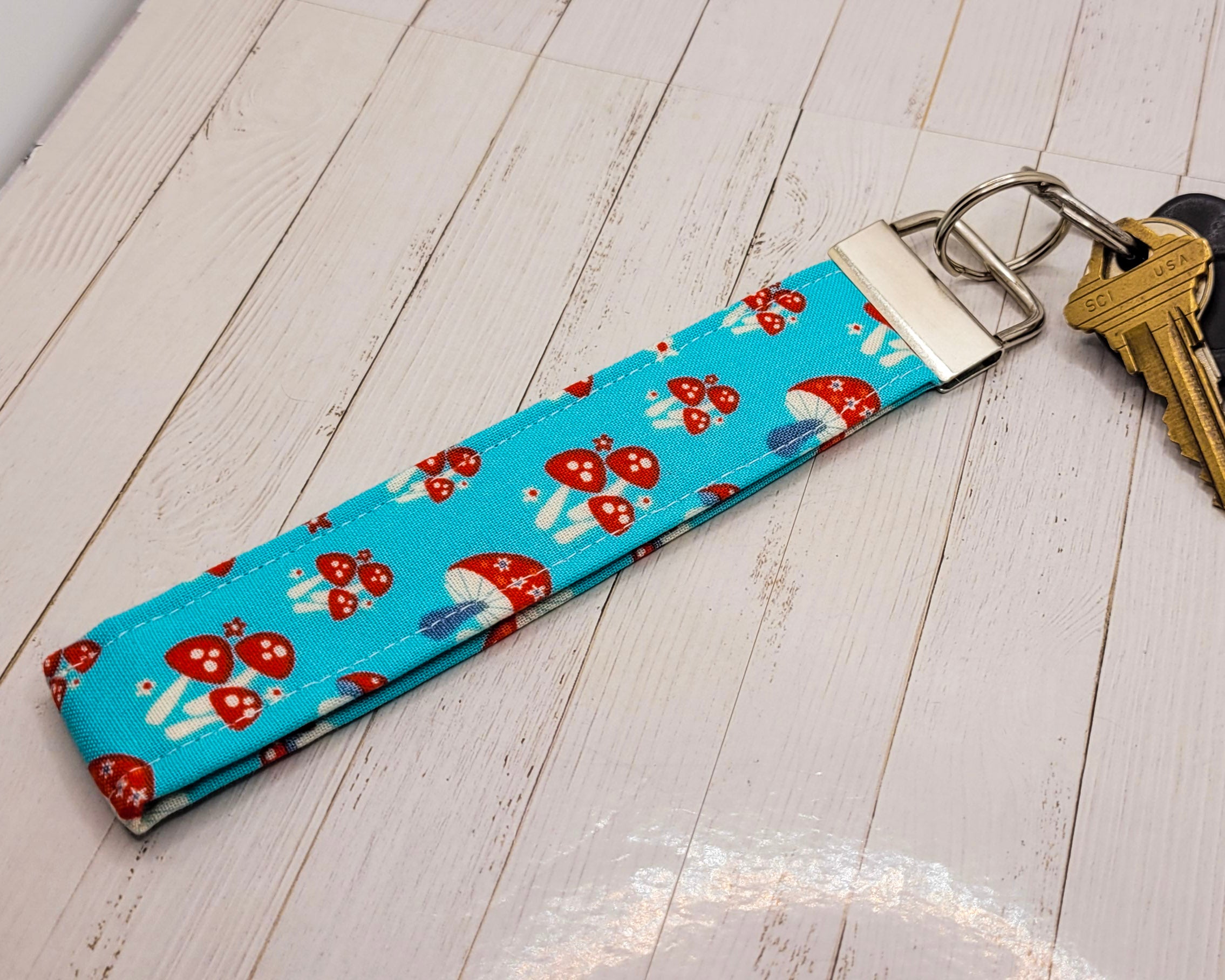 Blue Mushrooms Wristlet Key Strap