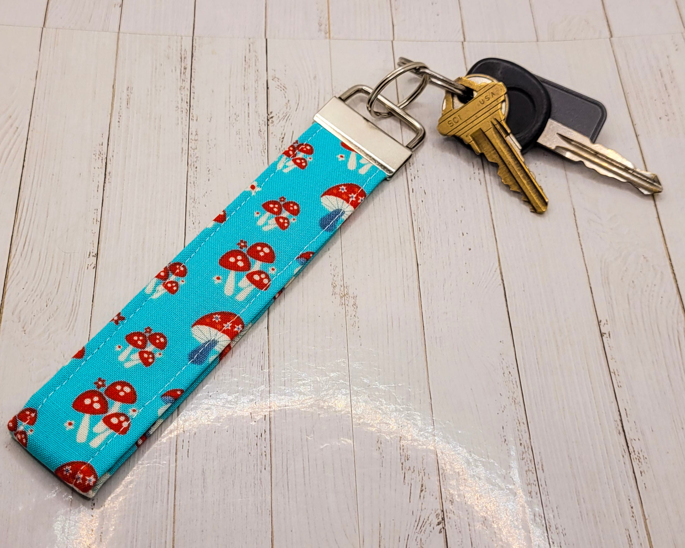 Blue Mushrooms Wristlet Key Strap