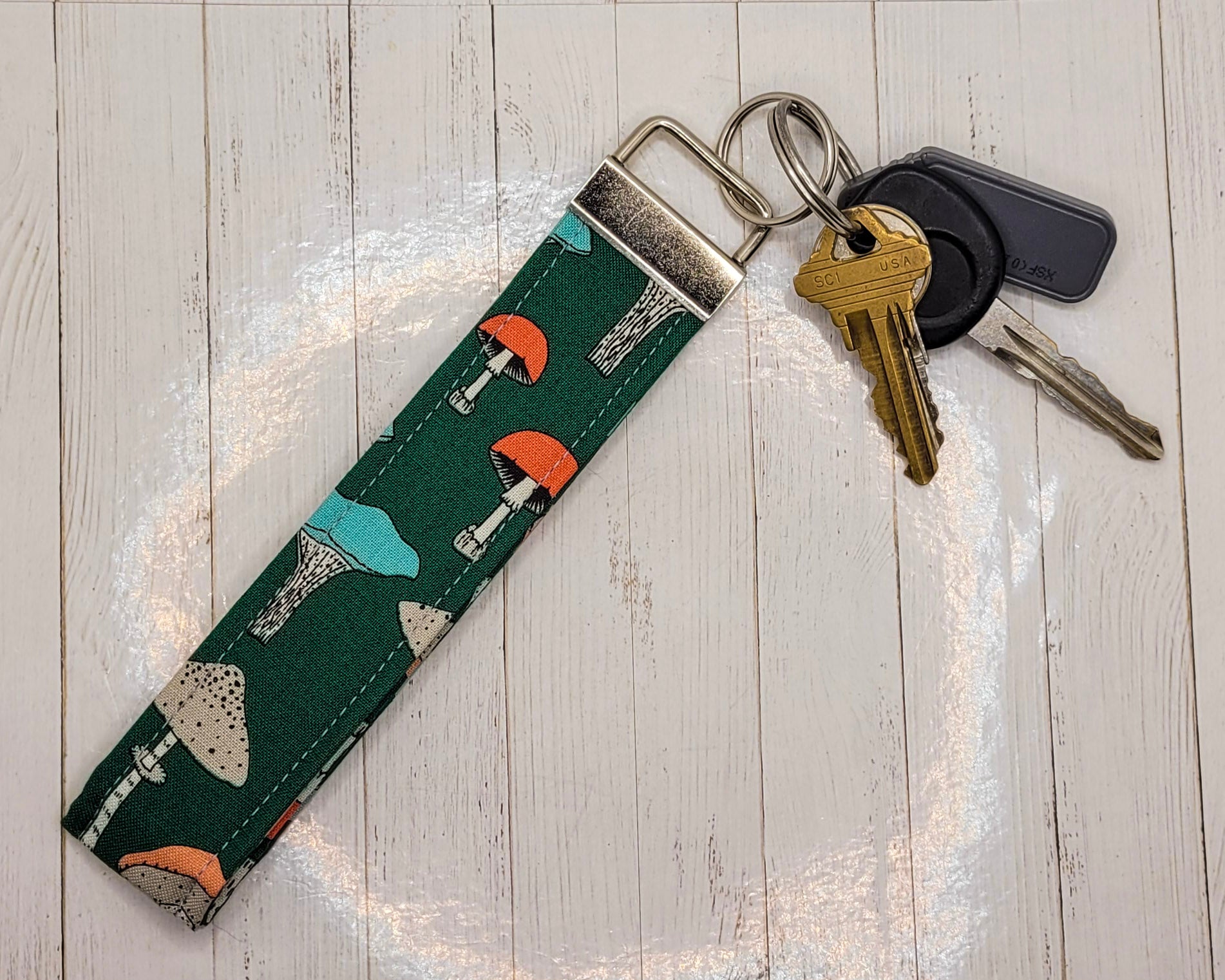 Green Mushrooms Wristlet Key Strap