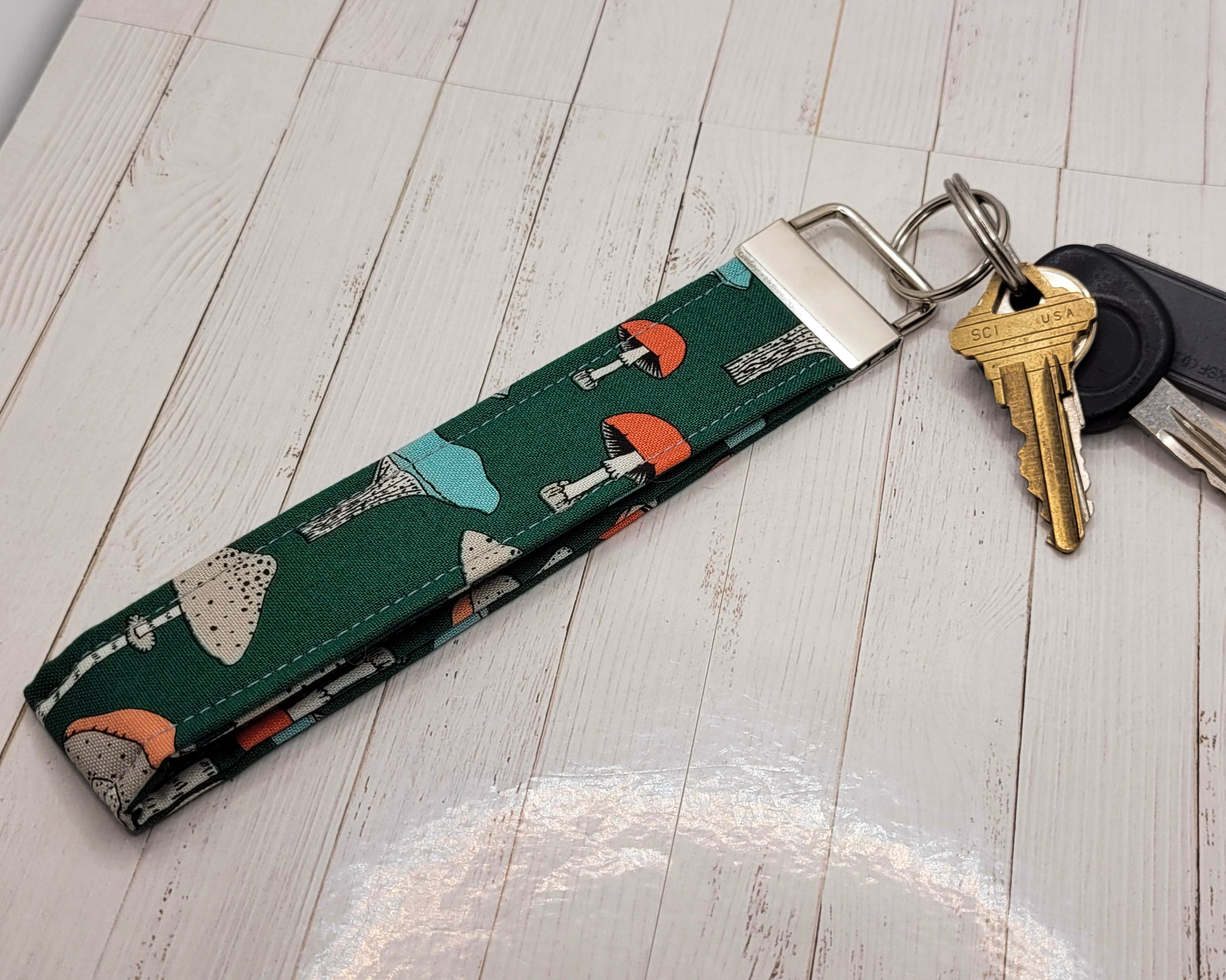 Green Mushrooms Wristlet Key Strap