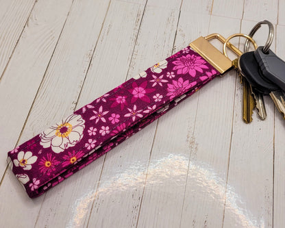 Pink Wildflowers Wristlet Key Strap