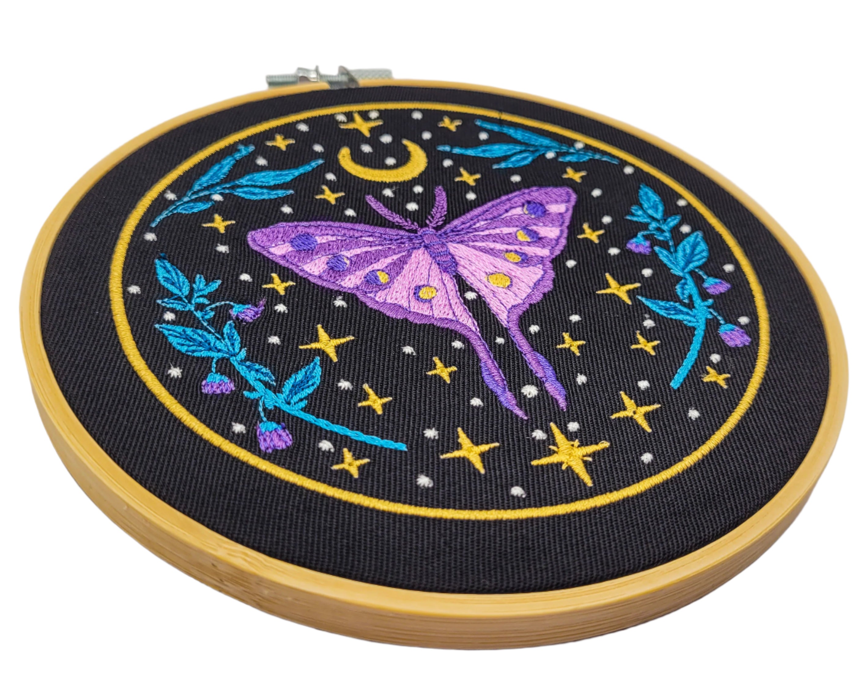Celestial Purple Moth Embroidered Wall Hanging - 6" Hoop