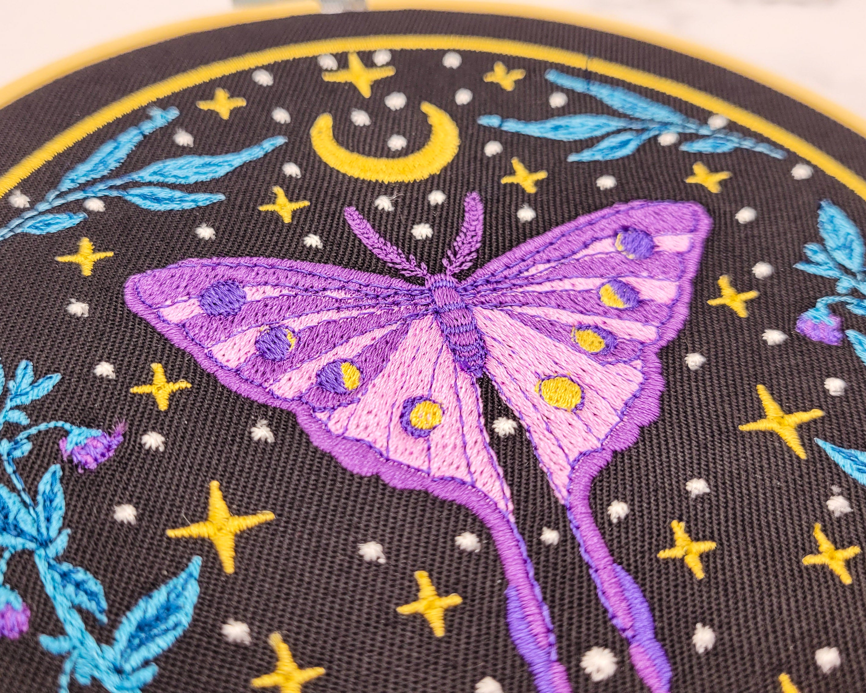Celestial Purple Moth Embroidered Wall Hanging - 6" Hoop