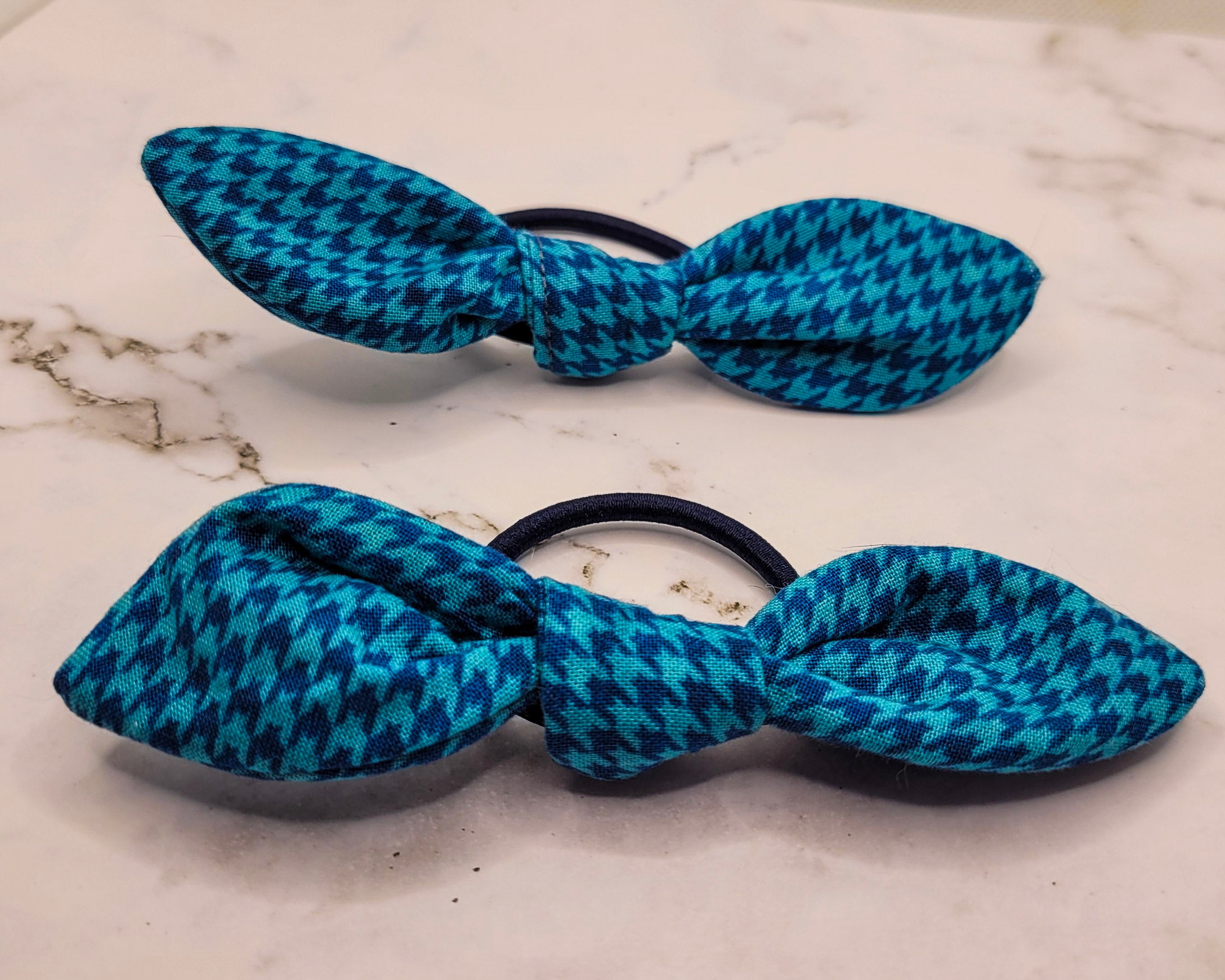 Teal Houndstooth Knot Bow Hair Elastic