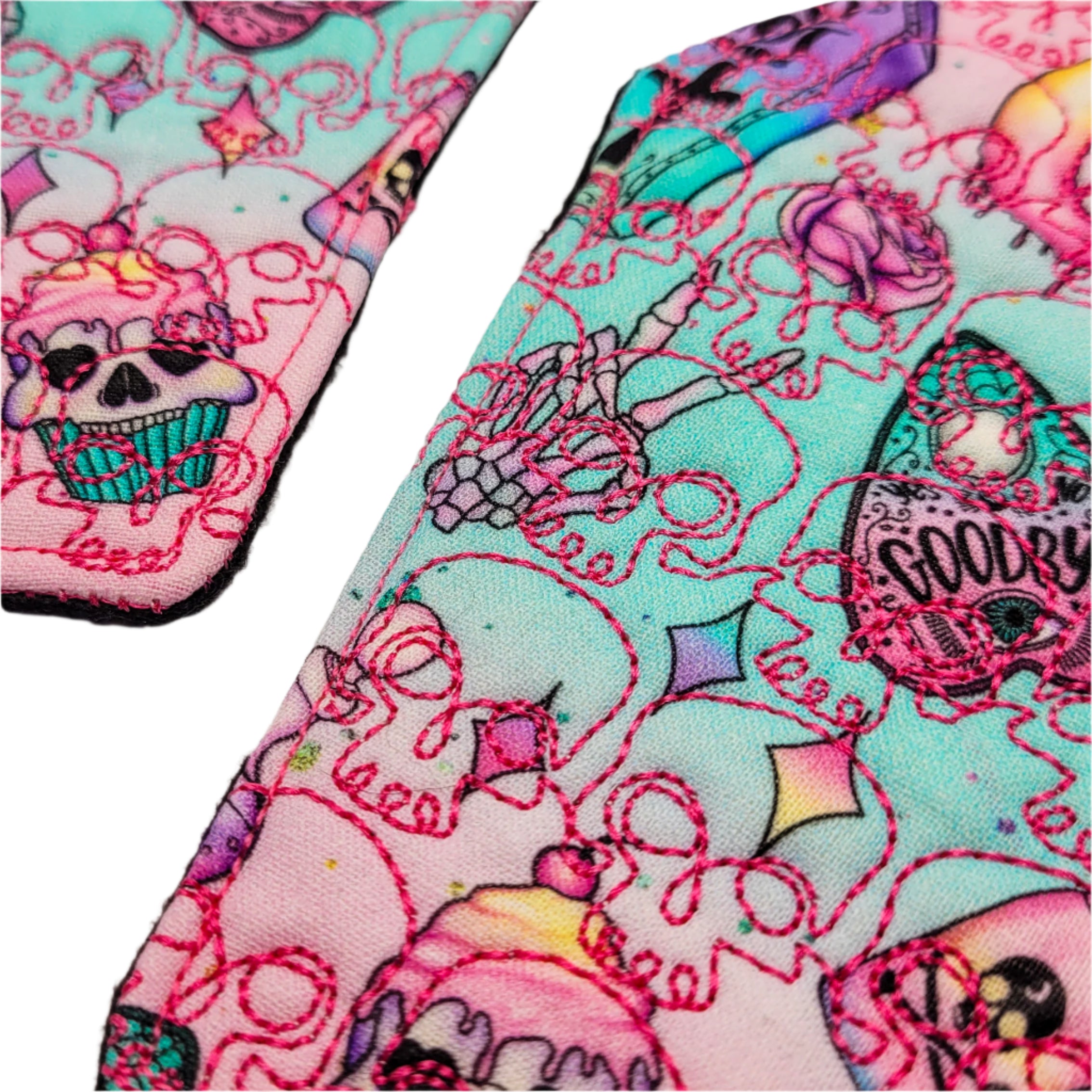 Pastel Goth Skull Embroidered Coffin-Shaped Mug Rug