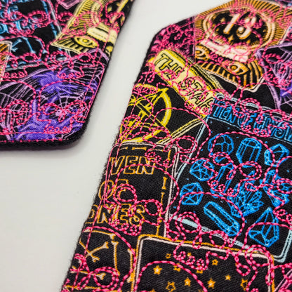 Neon Tarot Skull Embroidered Coffin-Shaped Mug Rug