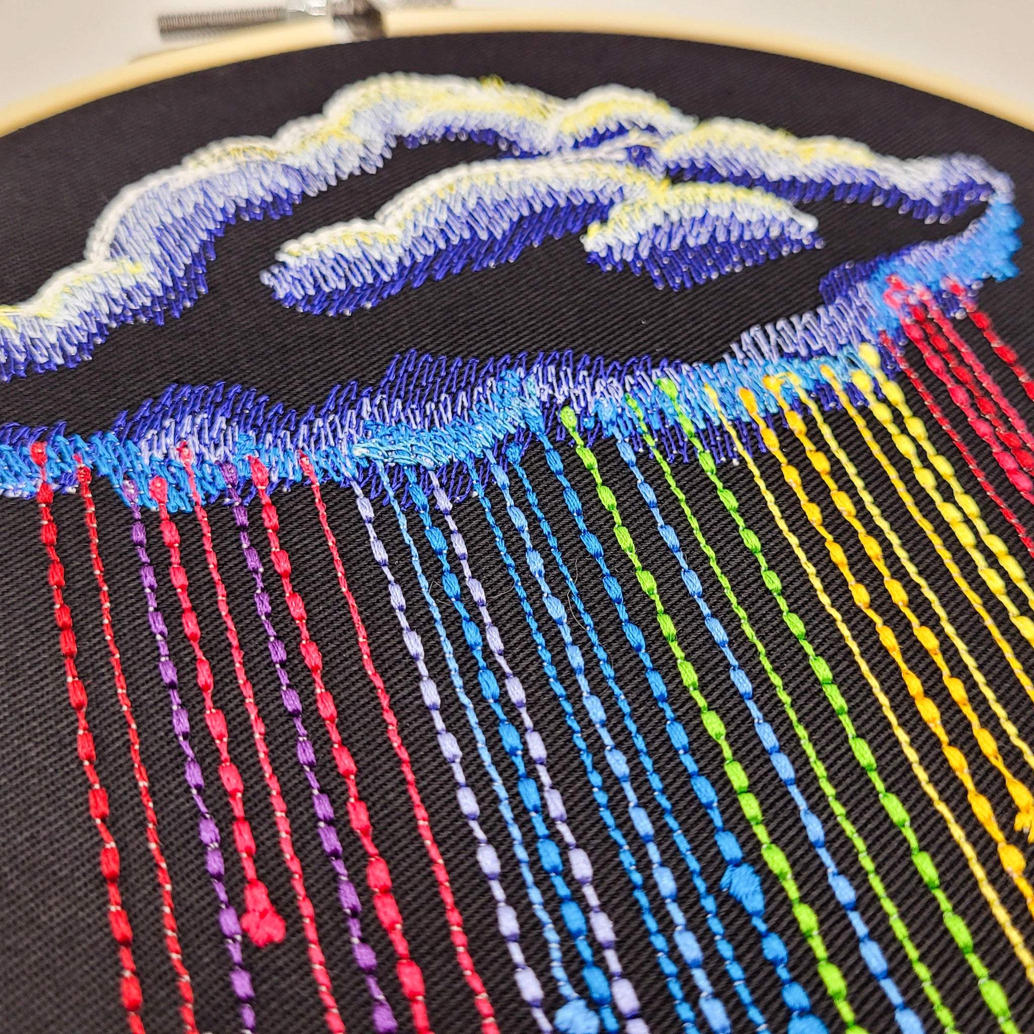 Rainbow Rain Cloud Embroidered Wall Hanging - 8" Hoop