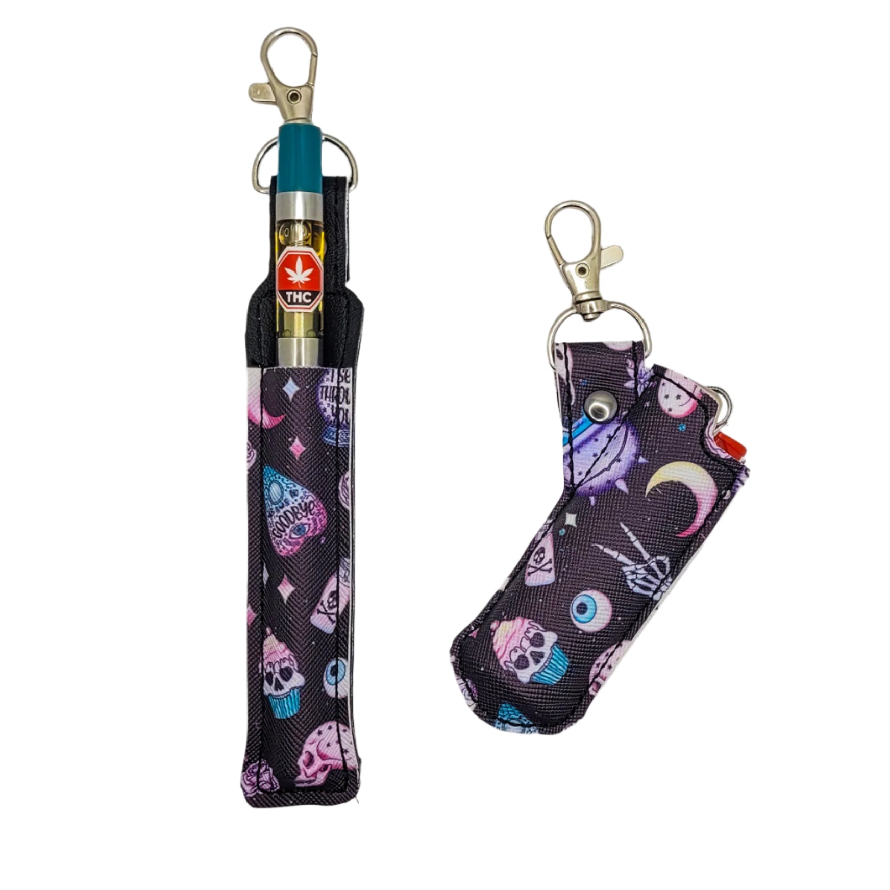 Two keychain pouches with vape pen holder and colorful skull pattern on a marble surface