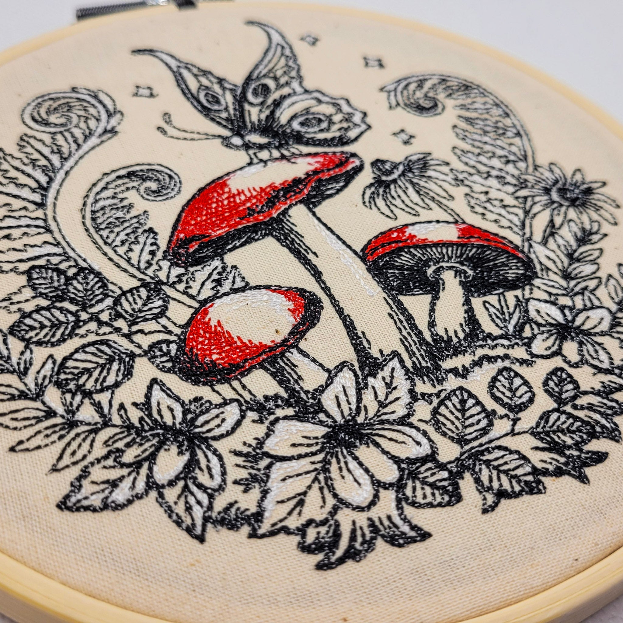 Mushrooms & Moths Embroidered Wall Hanging - 6" Hoop
