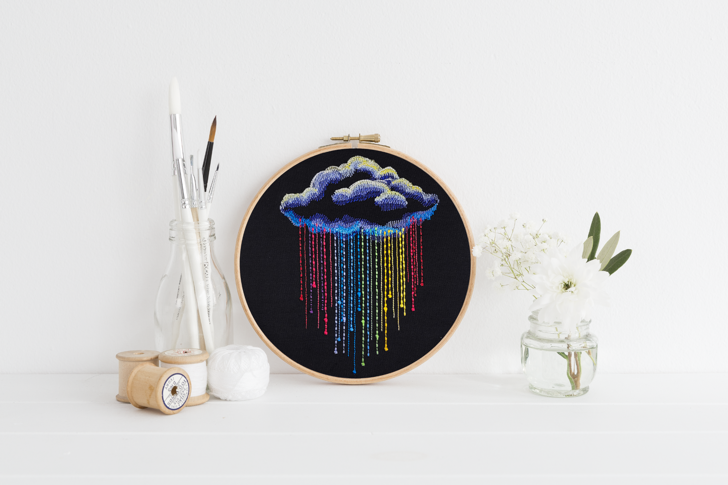 Rainbow Rain Cloud Embroidered Wall Hanging - 8" Hoop