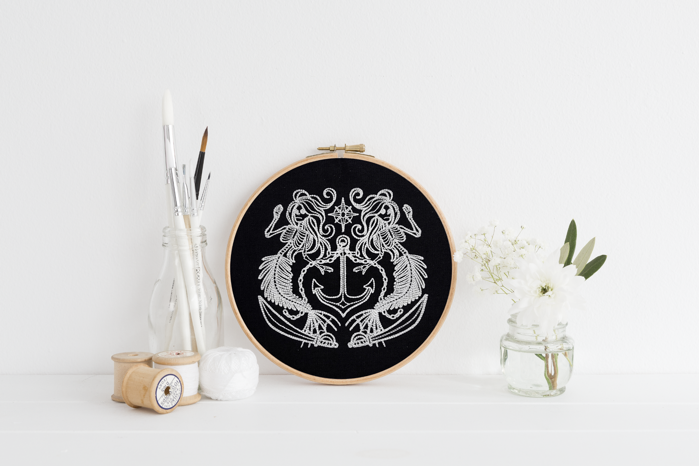 Skeletal Mermaids & Anchor Embroidered Wall Hanging - 7" Hoop