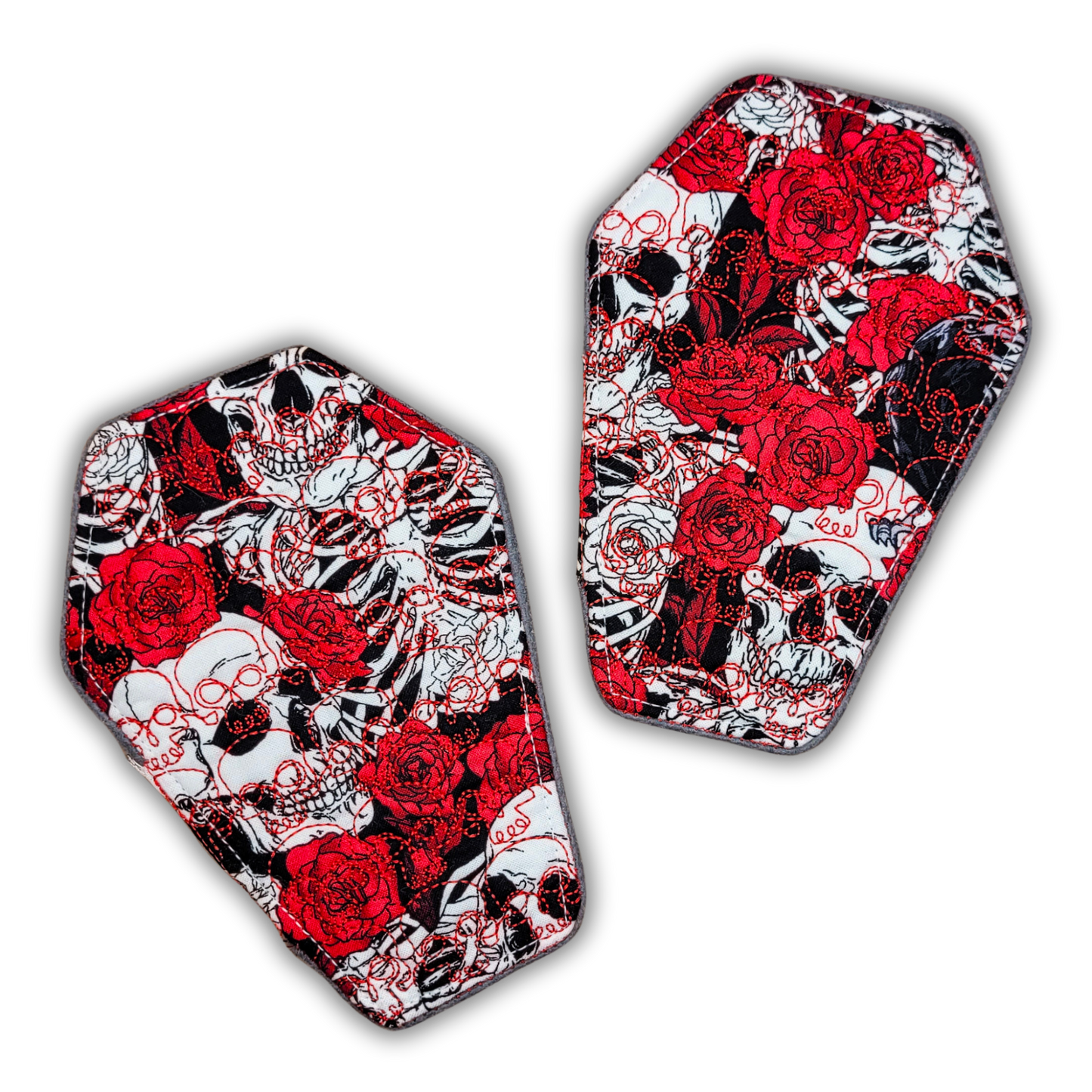 Red Floral Skulls Skull Embroidered Coffin-Shaped Mug Rug