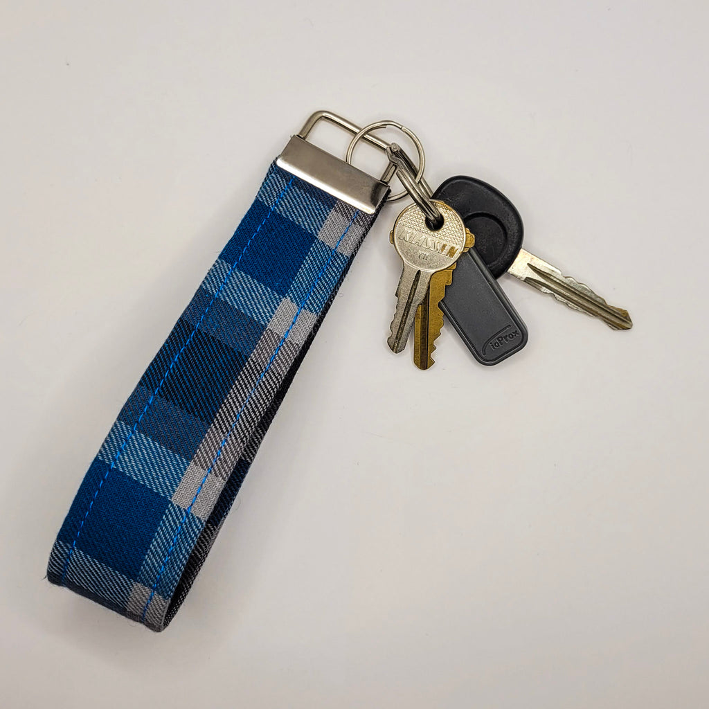 Blue & Grey Plaid Wristlet Key Strap