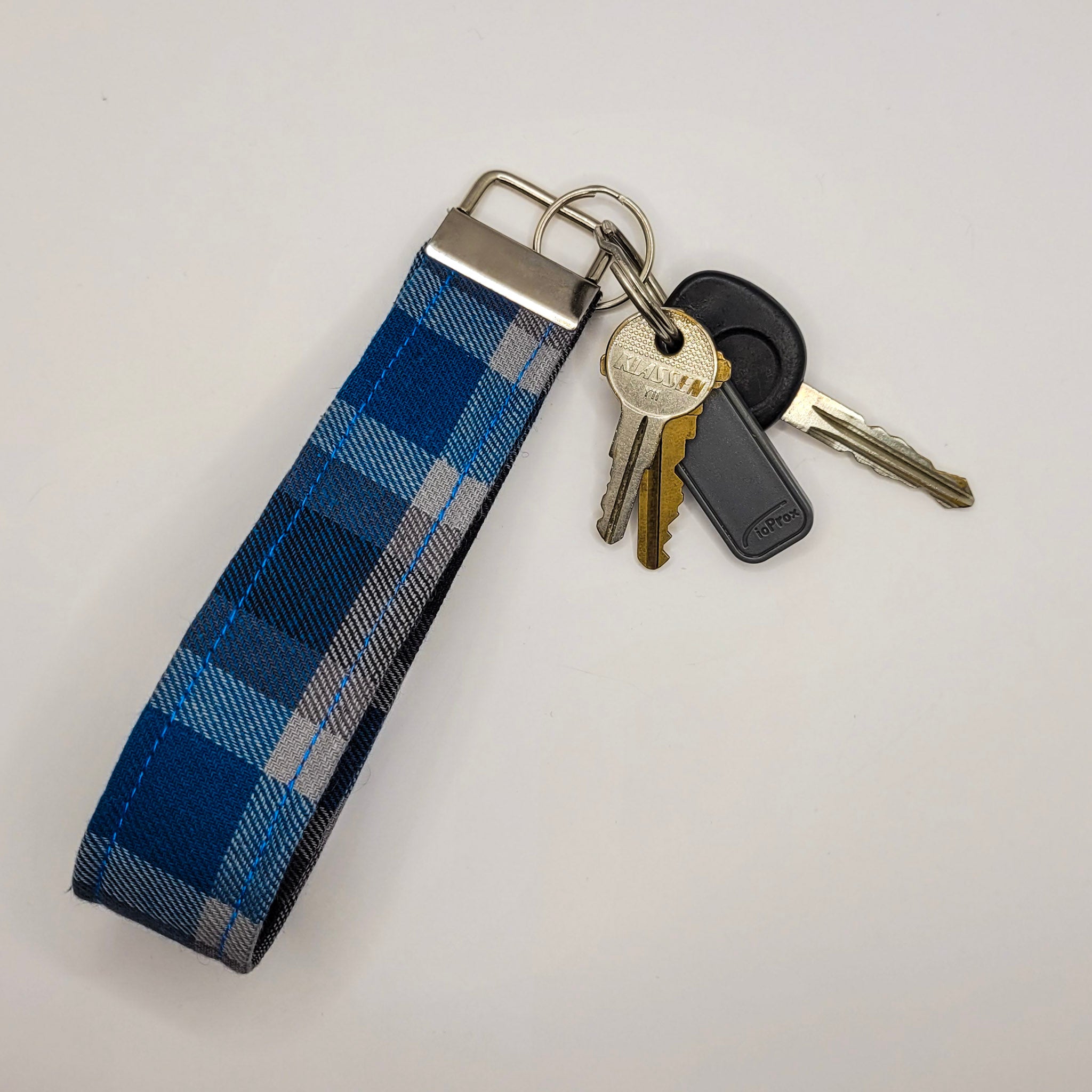 Blue & Grey Plaid Wristlet Key Strap