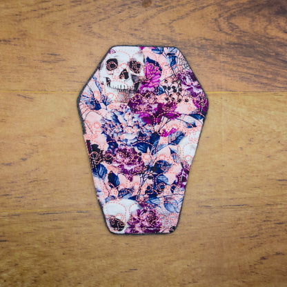 Pink Floral Skulls Skull Embroidered Coffin-Shaped Mug Rug