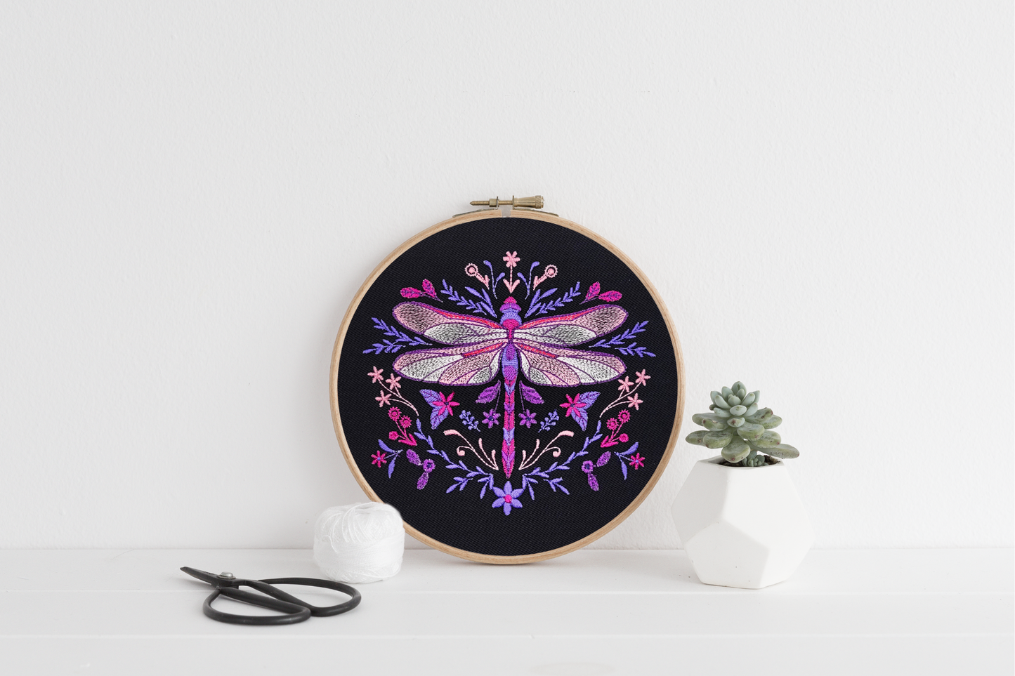 Pink Dragonfly Embroidered Wall Hanging