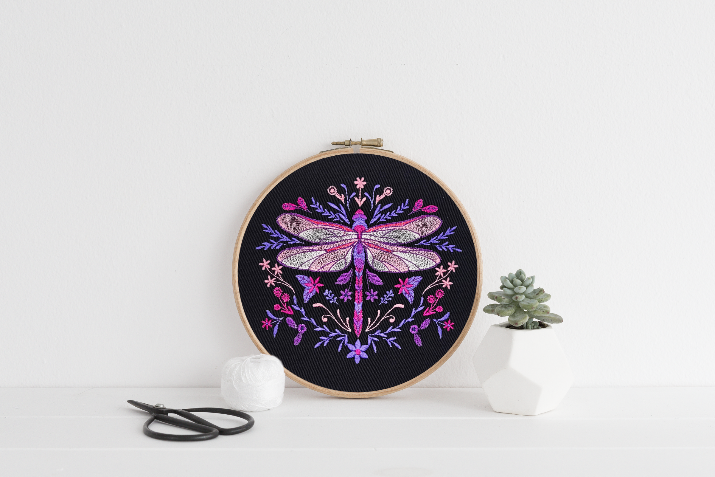 Pink Dragonfly Embroidered Wall Hanging - 7" Hoop