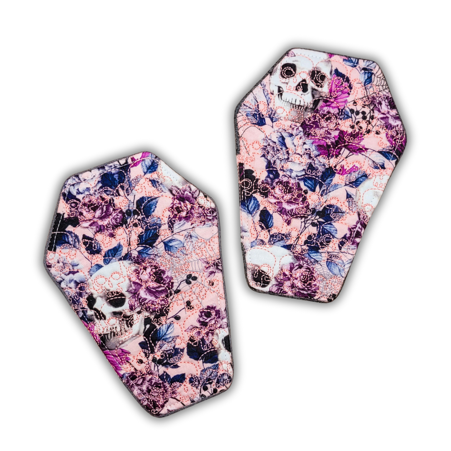 Pink Floral Skulls Skull Embroidered Coffin-Shaped Mug Rug