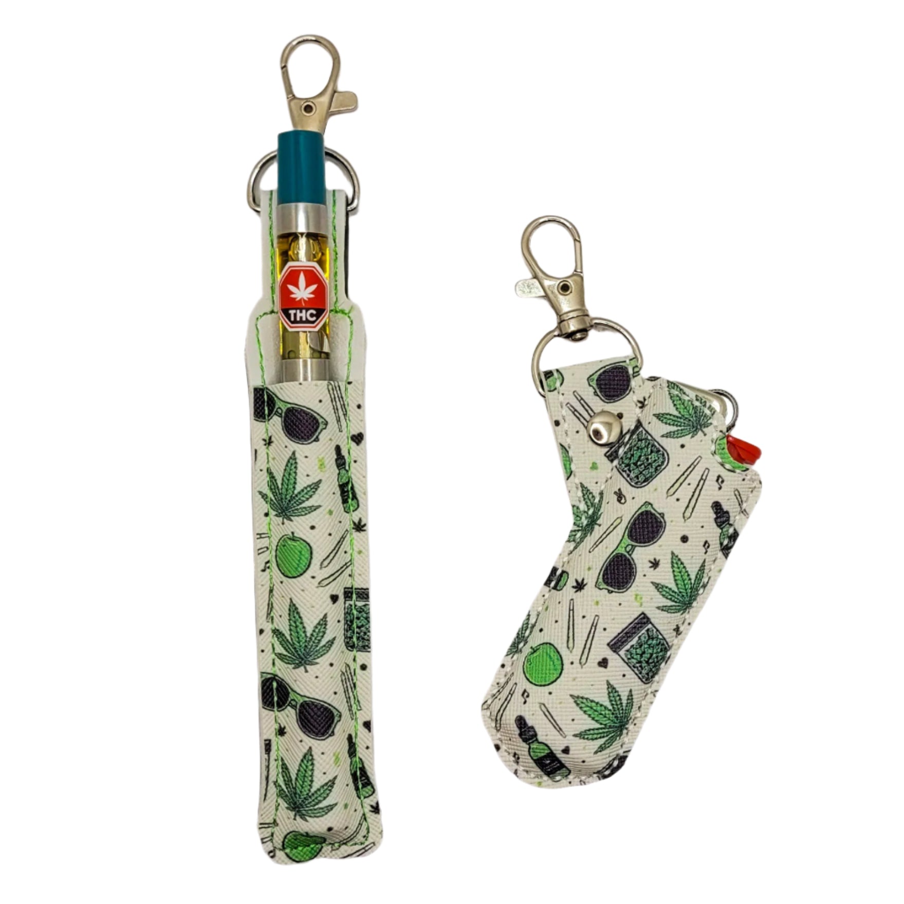Two keychain pouches with cannabis leaf patterns on a marble surface