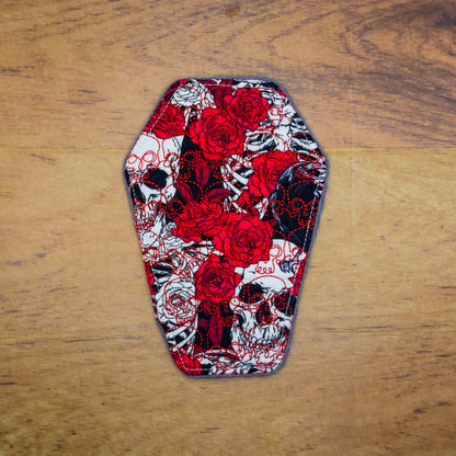 Red Floral Skulls Skull Embroidered Coffin-Shaped Mug Rug