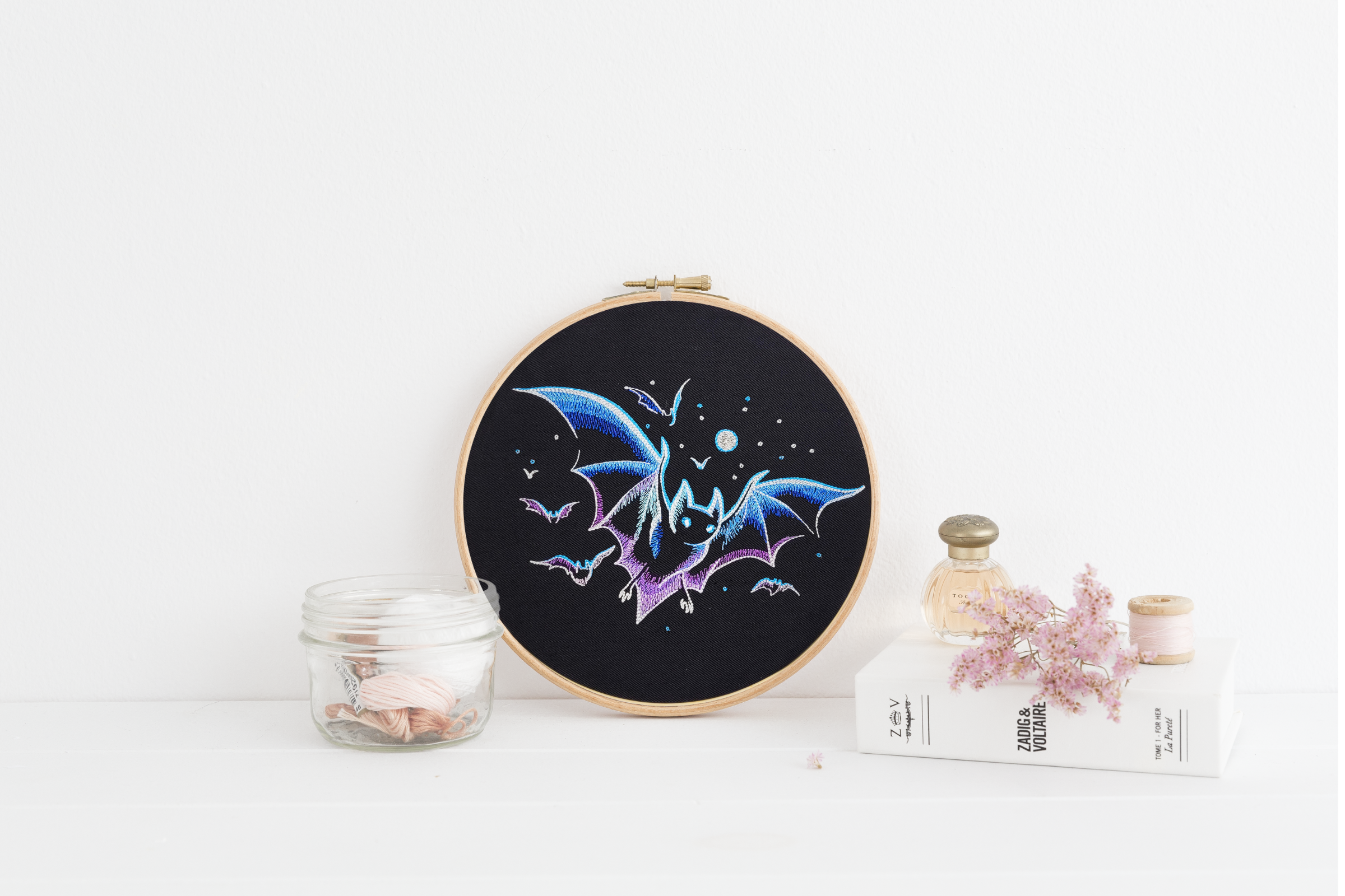 Night Sky Bats Embroidered Wall Hanging - 8" Hoop