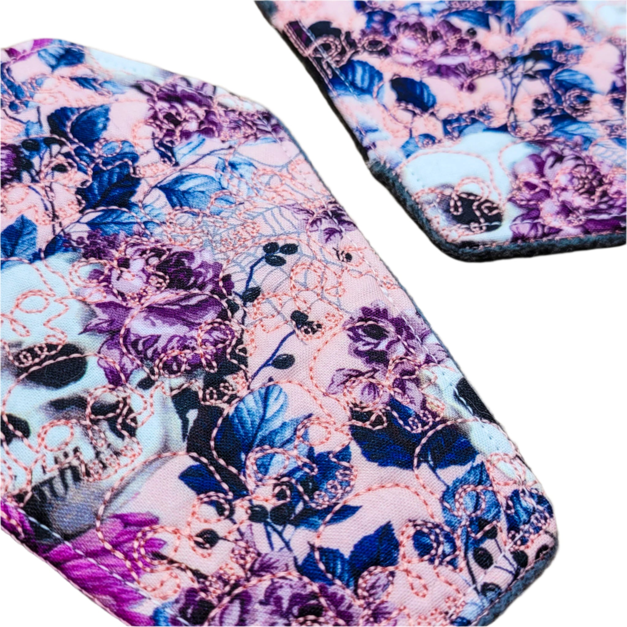 Pink Floral Skulls Skull Embroidered Coffin-Shaped Mug Rug