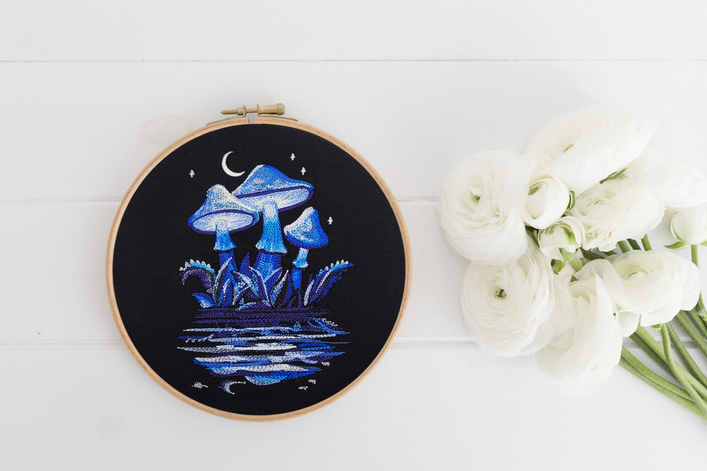 Midnight Mushrooms Embroidered Wall Hanging - 8" Hoop