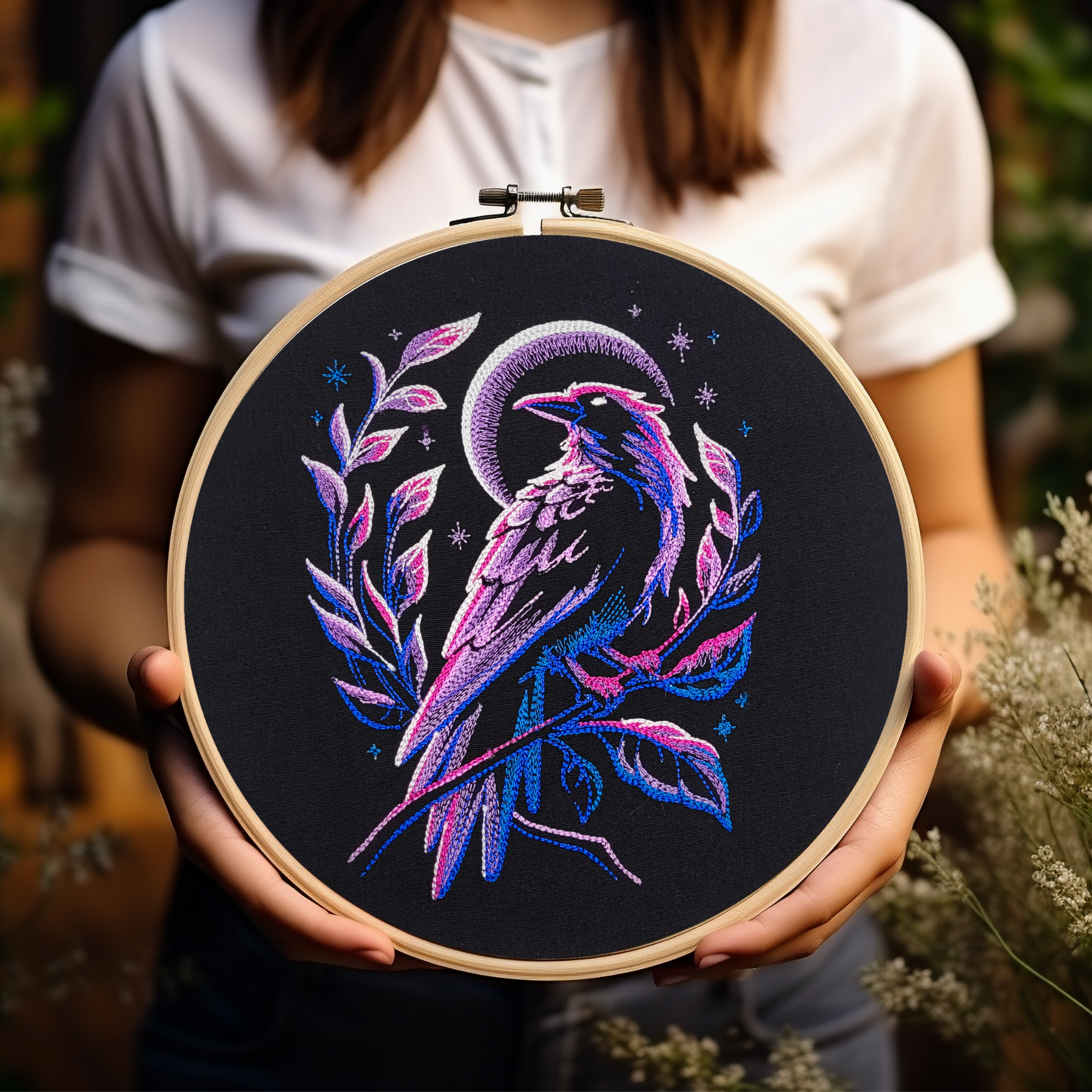 Midnight Raven – 8" Embroidered Wall Art