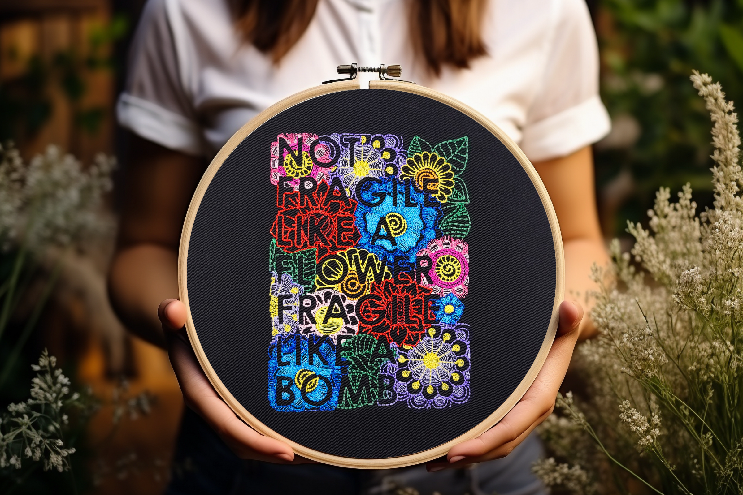 Not Fragile Like a Flower, Fragile Like a Bomb Embroidered Wall Hanging - 10" Hoop