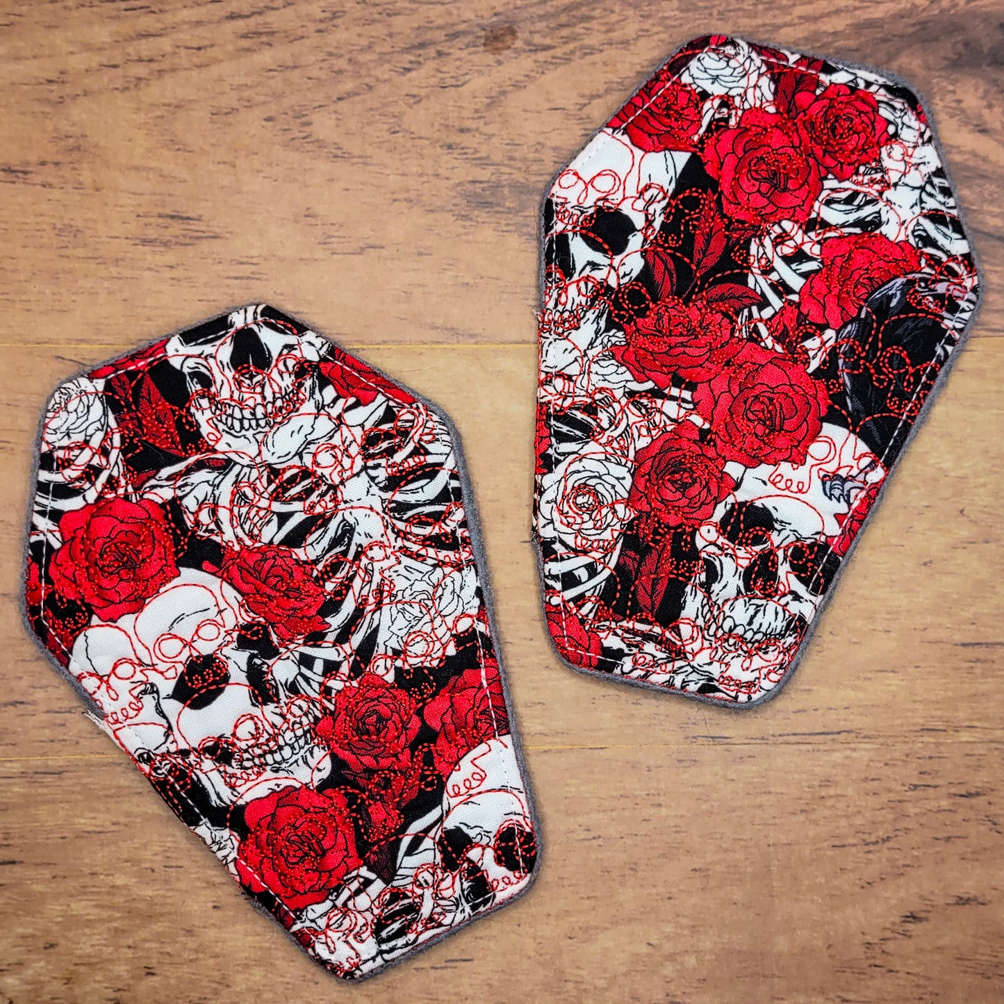 Red Floral Skulls Skull Embroidered Coffin-Shaped Mug Rug