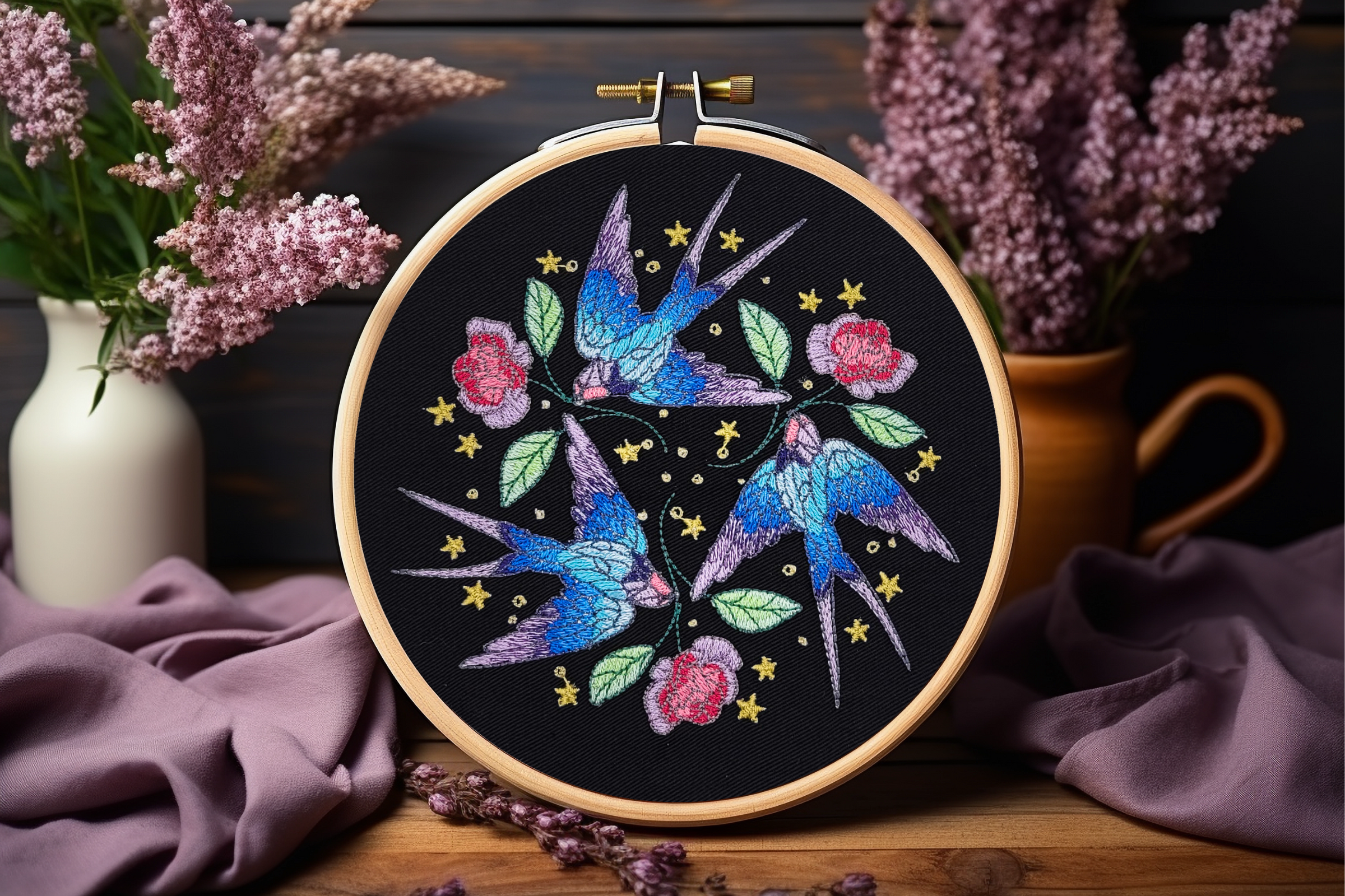 Sailor's Delight Swallows Embroidered Wall Hanging - 6" Hoop