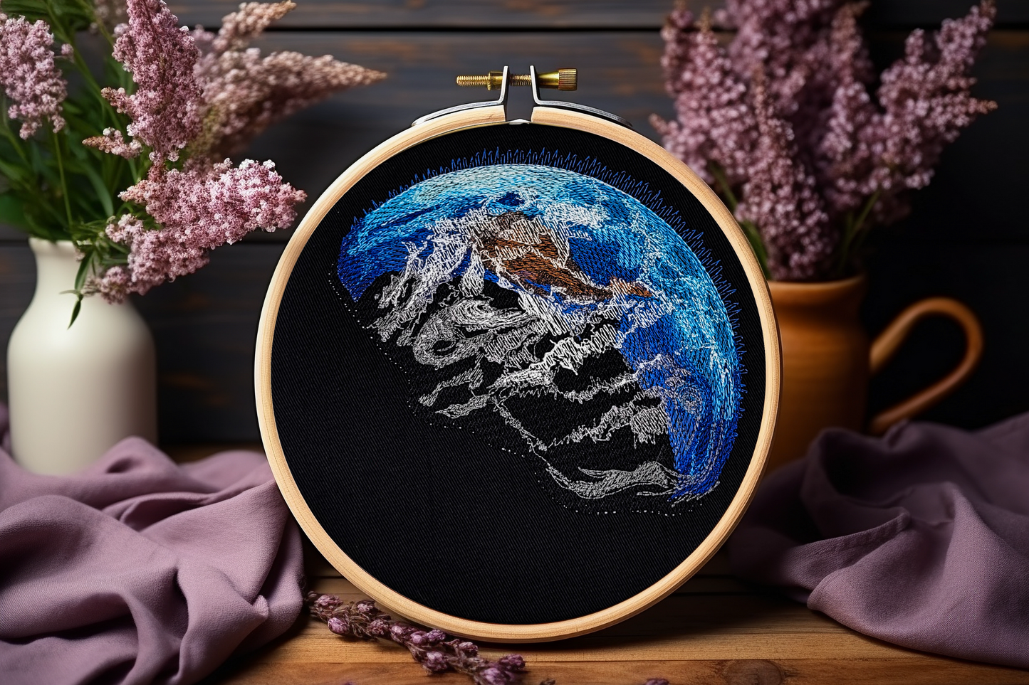 Planet Earth Embroidered Wall Hanging - 6" Hoop