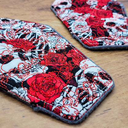 Red Floral Skulls Skull Embroidered Coffin-Shaped Mug Rug