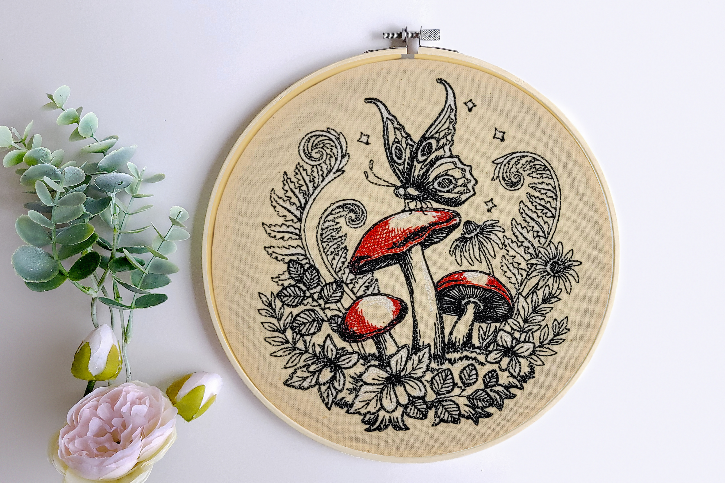 Mushrooms & Moths Embroidered Wall Hanging - 6" Hoop