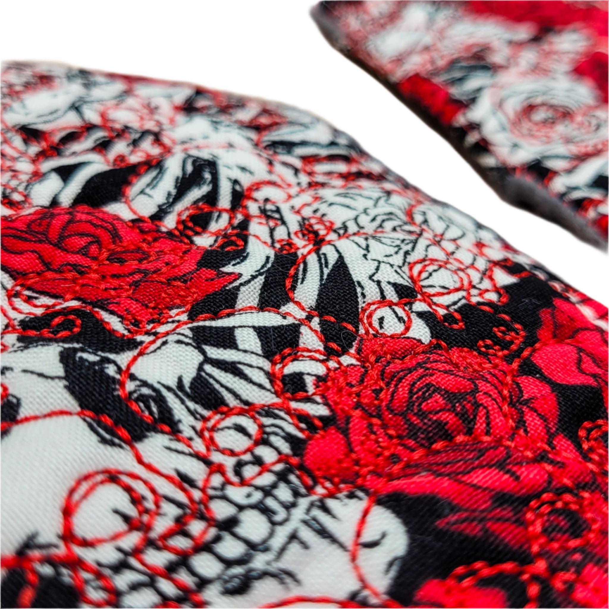 Red Floral Skulls Skull Embroidered Coffin-Shaped Mug Rug